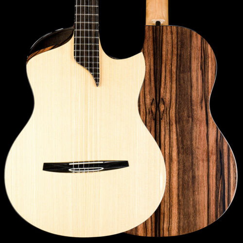 Handcrafted Turkowiak Opus Prime #737 crossover guitar with double-top spruce/cedar, amara ebony body and unmatched tone & playability.