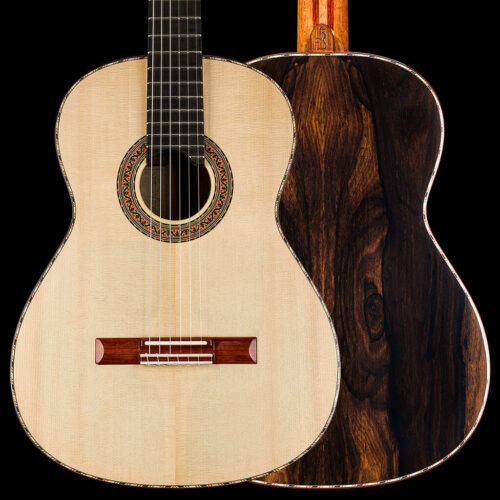 Perfectly crafted double-top classical guitar by Vasilis Vasileiadis with a powerful yet traditional sound. Features a sspruce/cedar top and ziricotte body.