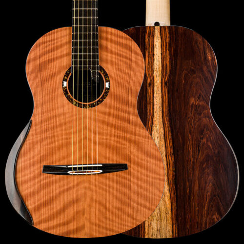 Double-top classical guitar by Rafał Turkowiak featuring a flamed redwood/cedar top and walnut burl body, offering a modern, mesmerizing sound.