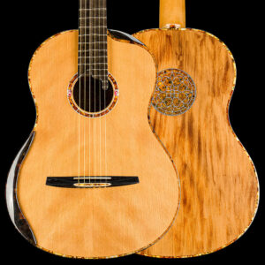 Turkowiak classical guitar Opus Magnum #745, handcrafted with a double-top soundboard, ancient kauri body, and amber decorations.