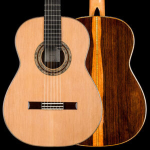 This classical guitar by Paula Lazzarini is her traditional model with a cedar, fan braced soundboard, and stunnind palo escrito body.