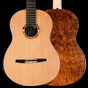 Built in 2023, Black Diamond No 564 pairs a double-top Cedar soundboard with Master-Grade Amboyna Burl, natural black mother-of-pearl crown details and the Signature Amber and Mammoth packages.