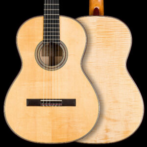 Classical guitar by Michele Della Giustina from year 2026. This guitar combines a spruce top and flamed maple body with a 644mm scale and 49mm nut.